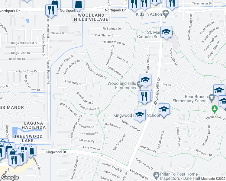 map of restaurants, bars, coffee shops, grocery stores, and more near Lake Hills Dr in Houston