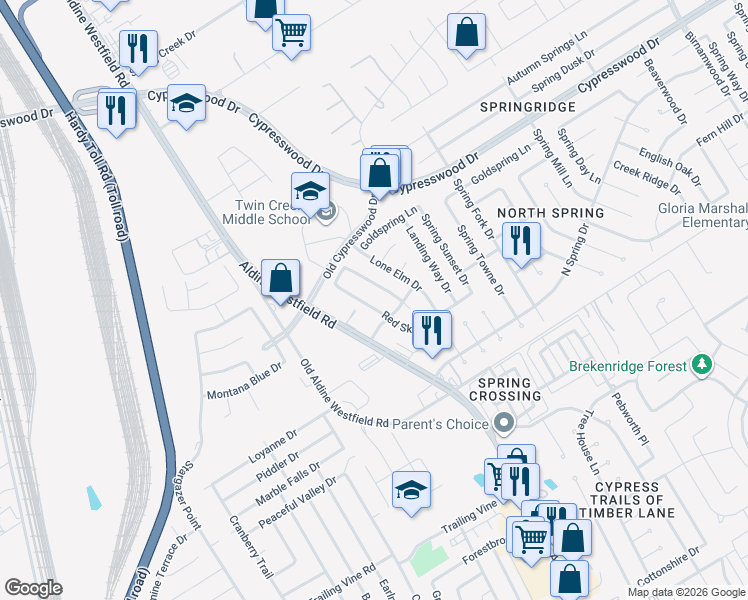 map of restaurants, bars, coffee shops, grocery stores, and more near 24118 Red Sky Drive in Spring
