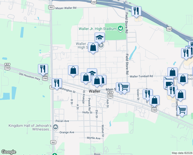 map of restaurants, bars, coffee shops, grocery stores, and more near 1310 Key Street in Waller