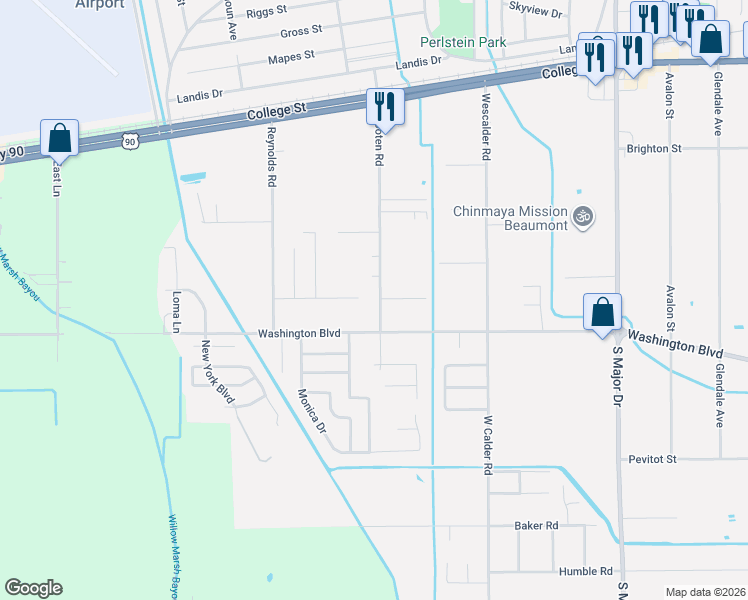 map of restaurants, bars, coffee shops, grocery stores, and more near 1810 Wooten Road in Beaumont