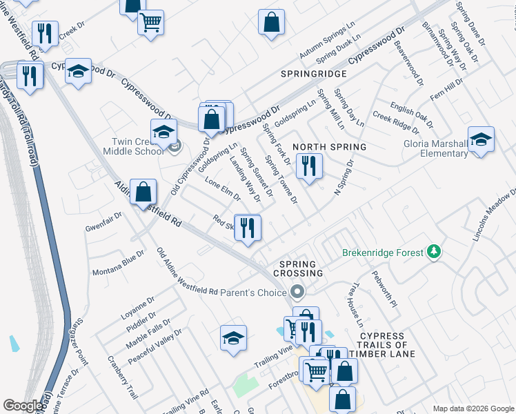 map of restaurants, bars, coffee shops, grocery stores, and more near 2401 Lone Elm Drive in Spring