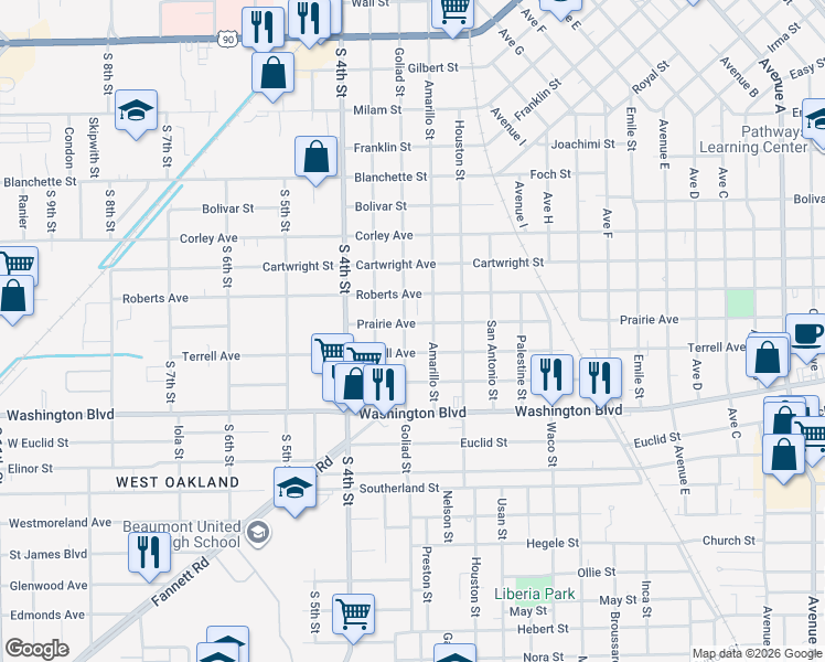 map of restaurants, bars, coffee shops, grocery stores, and more near 2845 Goliad Street in Beaumont