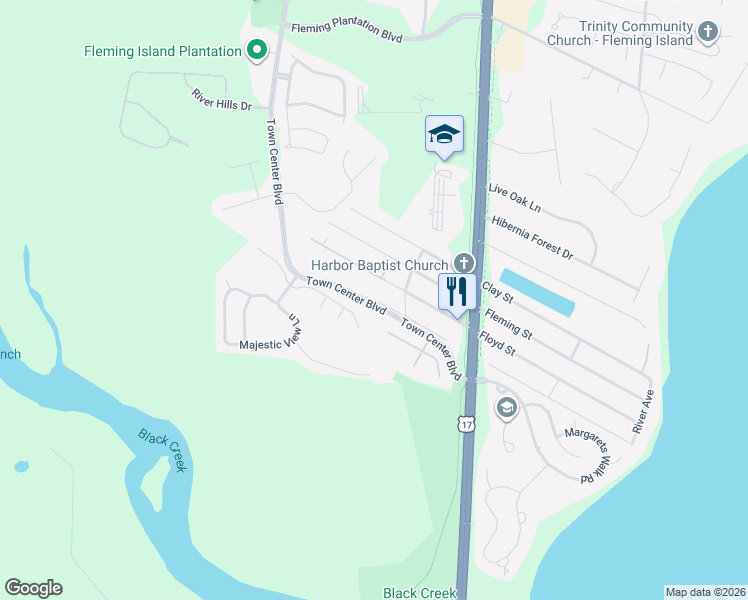 map of restaurants, bars, coffee shops, grocery stores, and more near 2418 Tall Cedars Road in Orange Park