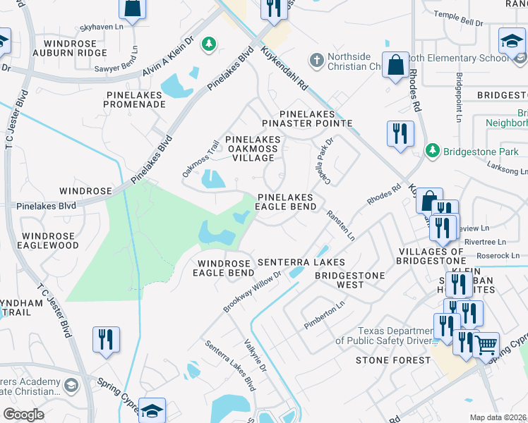 map of restaurants, bars, coffee shops, grocery stores, and more near 5919 Pinelake Crossing Drive in Spring