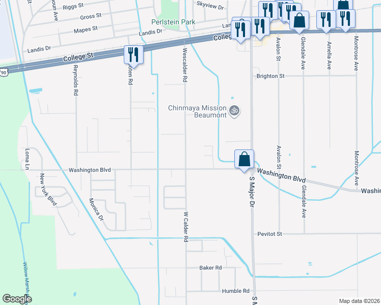 map of restaurants, bars, coffee shops, grocery stores, and more near 1860 Wescalder Road in Beaumont