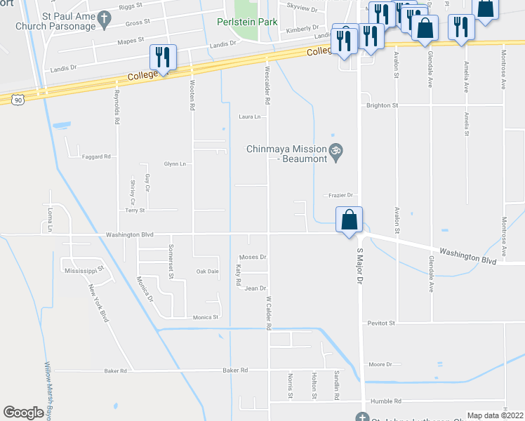 map of restaurants, bars, coffee shops, grocery stores, and more near 1860 Wescalder Road in Beaumont