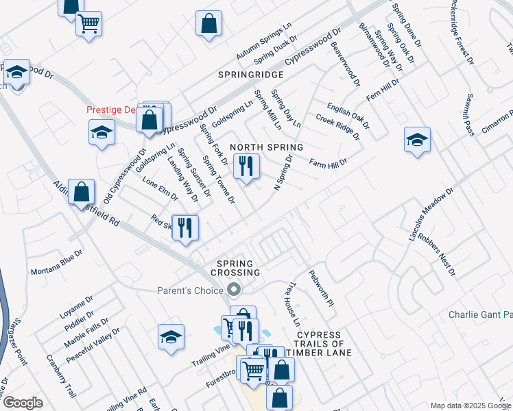 map of restaurants, bars, coffee shops, grocery stores, and more near 2303 N Spring Dr in Spring