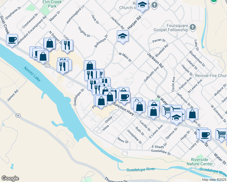 map of restaurants, bars, coffee shops, grocery stores, and more near 901 Lois St in Kerrville