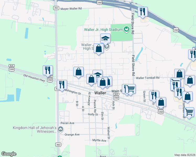 map of restaurants, bars, coffee shops, grocery stores, and more near 1310 Key Street in Waller