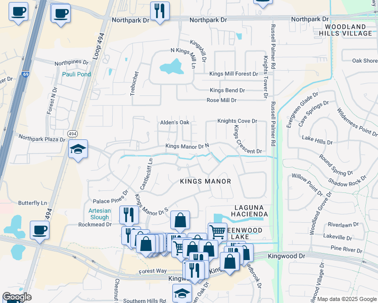 map of restaurants, bars, coffee shops, grocery stores, and more near 26840 Calgary Pointe Drive in Humble