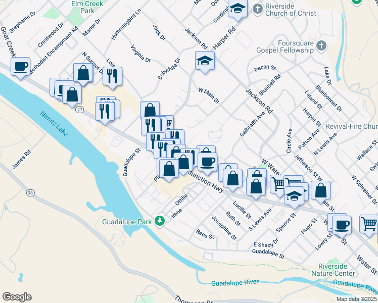 map of restaurants, bars, coffee shops, grocery stores, and more near 901 Lois St in Kerrville