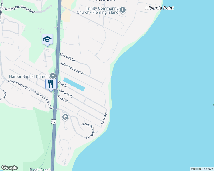 map of restaurants, bars, coffee shops, grocery stores, and more near 7461 Fleming Island Drive in Fleming Island