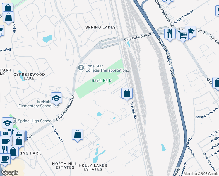 map of restaurants, bars, coffee shops, grocery stores, and more near Spring Meadow Lane in Spring