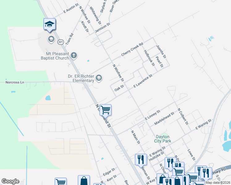 map of restaurants, bars, coffee shops, grocery stores, and more near 102 East Lawrence Street in Dayton