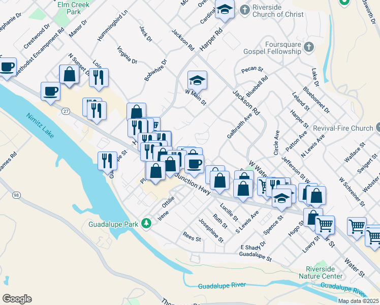map of restaurants, bars, coffee shops, grocery stores, and more near 806 Lois Street in Kerrville