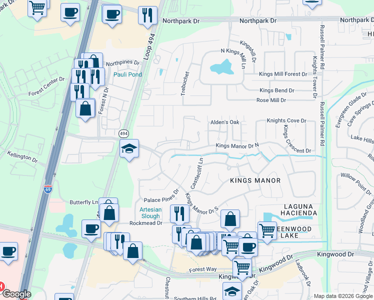 map of restaurants, bars, coffee shops, grocery stores, and more near 27006 Kings Manor Drive North in Montgomery County