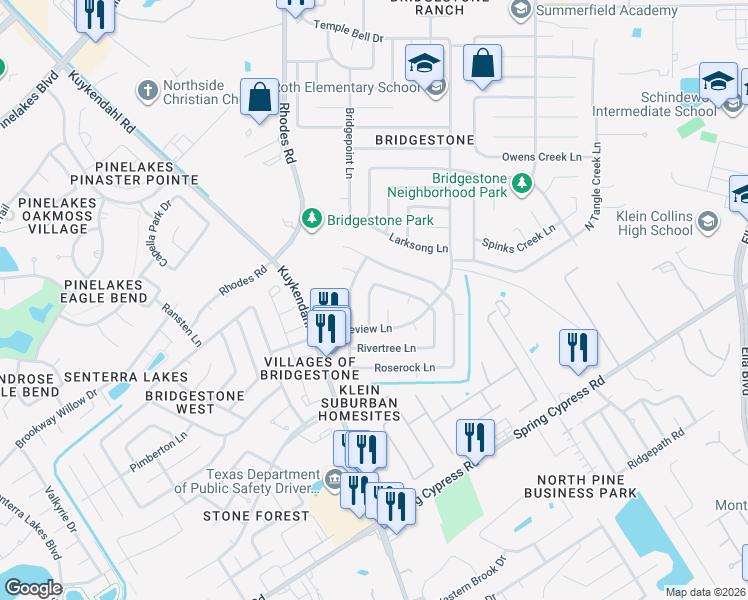 map of restaurants, bars, coffee shops, grocery stores, and more near 21014 Waymare Lane in Spring
