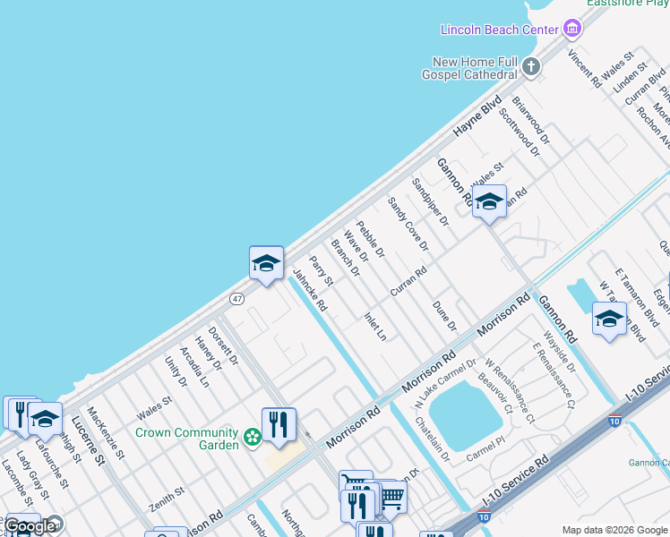 map of restaurants, bars, coffee shops, grocery stores, and more near 7900 Placid Street in New Orleans