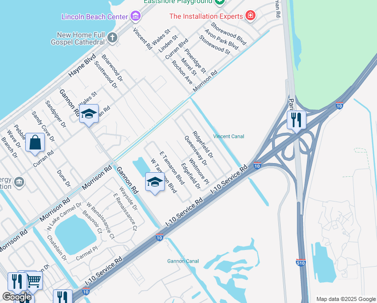 map of restaurants, bars, coffee shops, grocery stores, and more near 7080 Whitmore Place in New Orleans