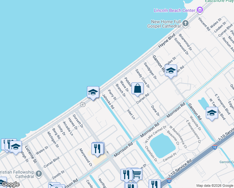 map of restaurants, bars, coffee shops, grocery stores, and more near 7900 Placid Street in New Orleans