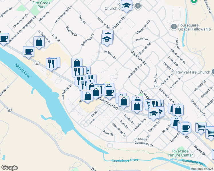 map of restaurants, bars, coffee shops, grocery stores, and more near 806 Lois Street in Kerrville
