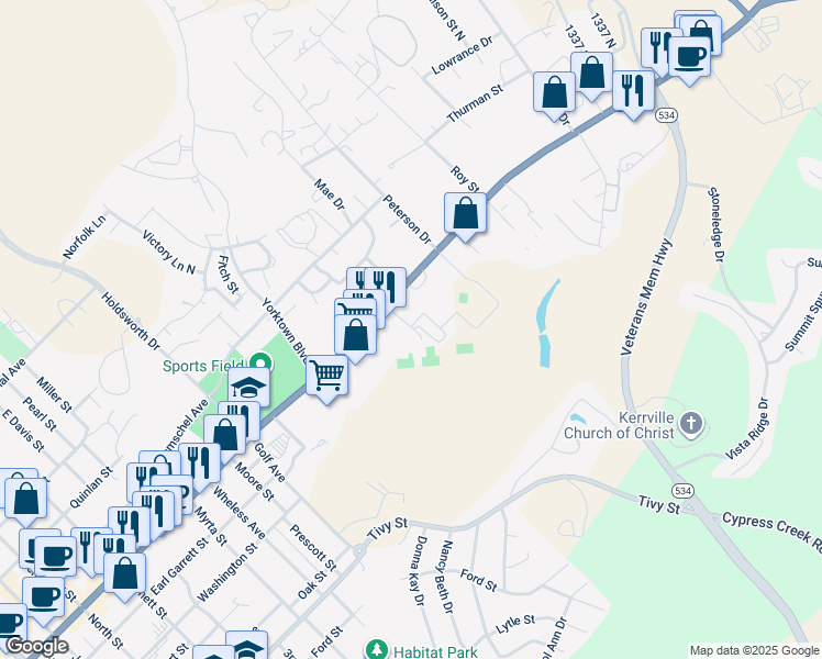 map of restaurants, bars, coffee shops, grocery stores, and more near 801 Tennis Street in Kerrville