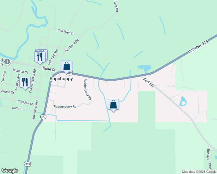 map of restaurants, bars, coffee shops, grocery stores, and more near 12 Allen Bell Road in Sopchoppy