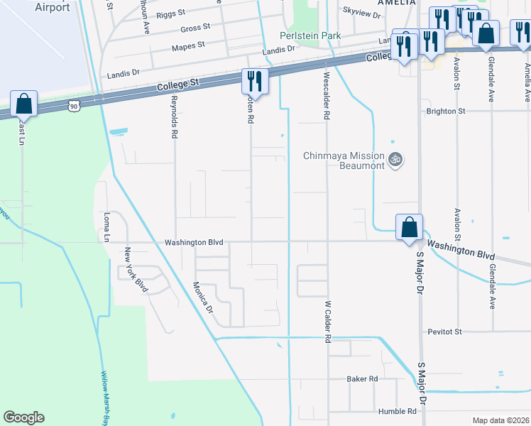 map of restaurants, bars, coffee shops, grocery stores, and more near 9075 Jennifer Street in Beaumont
