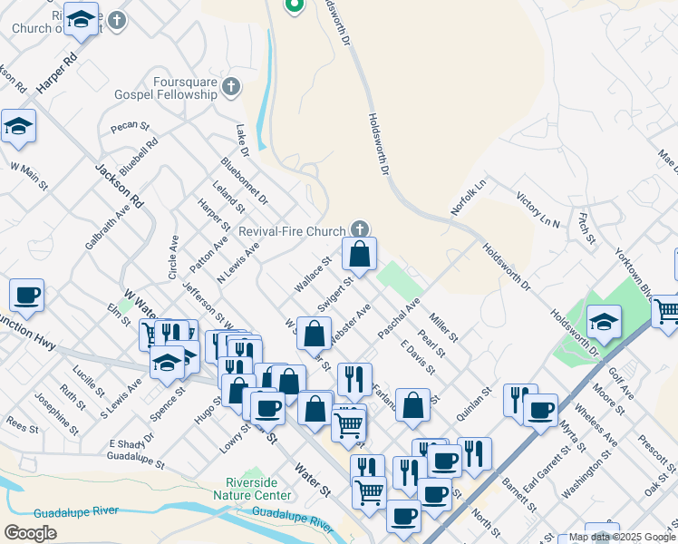 map of restaurants, bars, coffee shops, grocery stores, and more near 304 Coleman Street in Kerrville