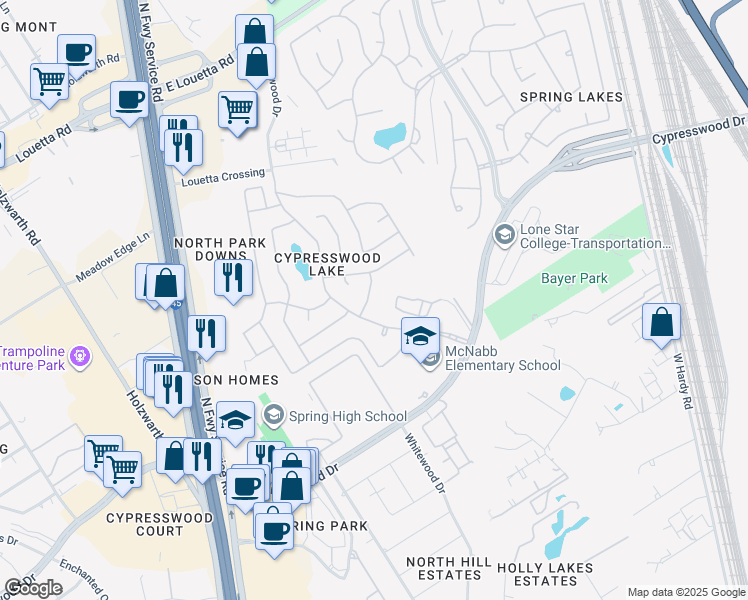 map of restaurants, bars, coffee shops, grocery stores, and more near 710 Cypresswood Shadows in Spring
