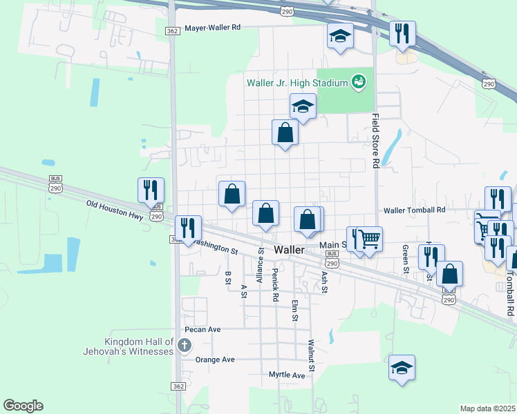map of restaurants, bars, coffee shops, grocery stores, and more near 1301 A Street in Waller