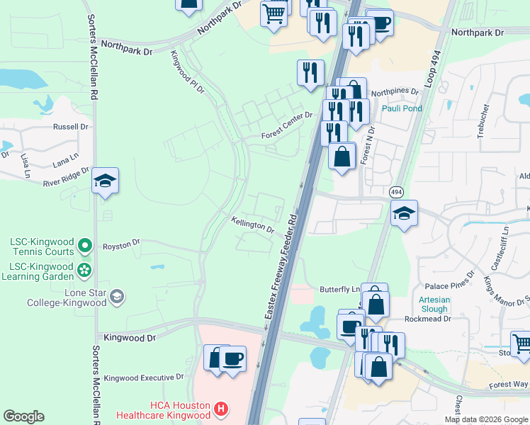 map of restaurants, bars, coffee shops, grocery stores, and more near 200 Kellington Drive in Houston