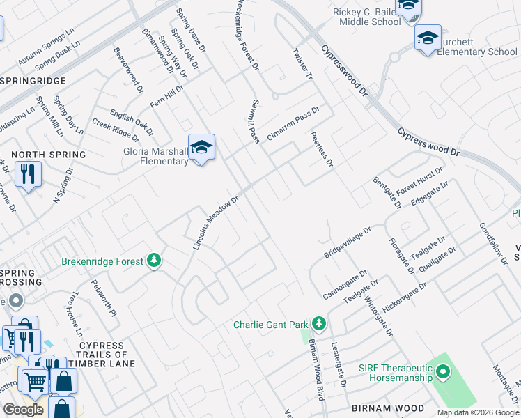 map of restaurants, bars, coffee shops, grocery stores, and more near 23311 Dukes Run Drive in Spring