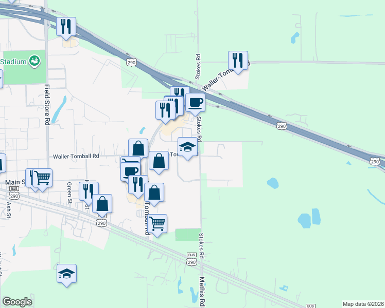 map of restaurants, bars, coffee shops, grocery stores, and more near 31058 Waller Tomball Road in Waller