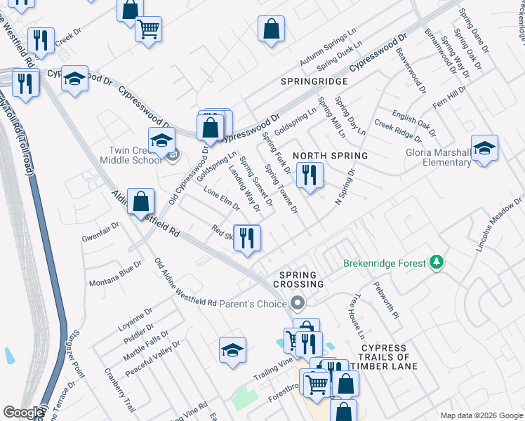 map of restaurants, bars, coffee shops, grocery stores, and more near 23815 Red Sky Drive in Spring
