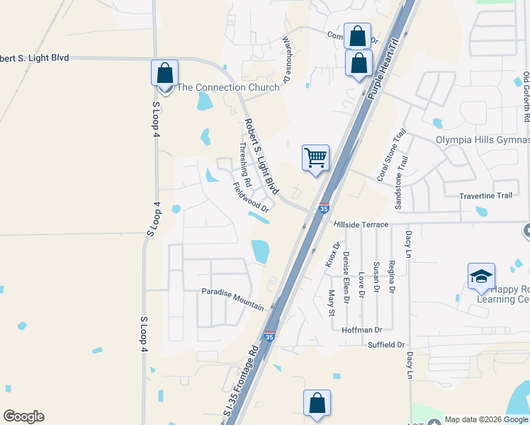 map of restaurants, bars, coffee shops, grocery stores, and more near 393 Fieldwood Drive in Buda