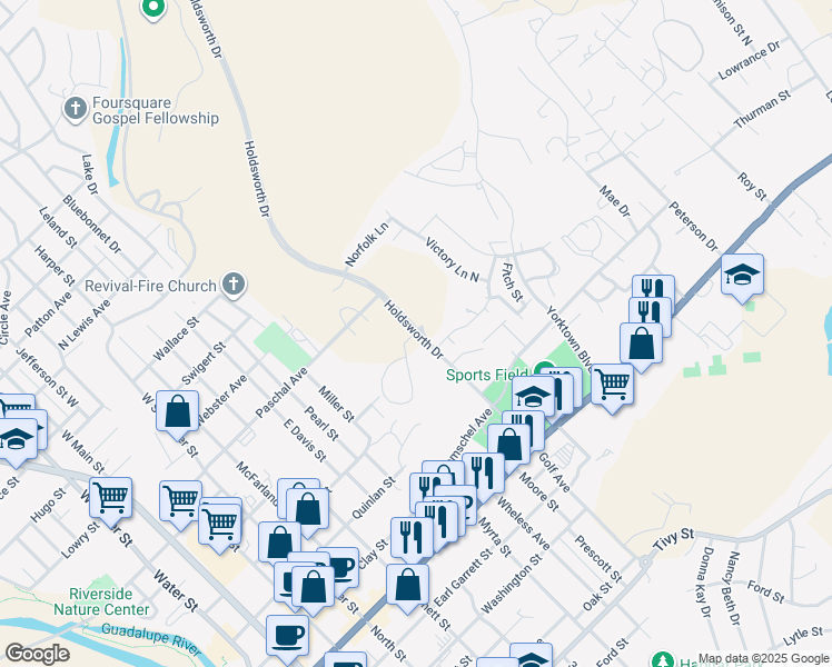 map of restaurants, bars, coffee shops, grocery stores, and more near 505 Holdsworth Drive in Kerrville