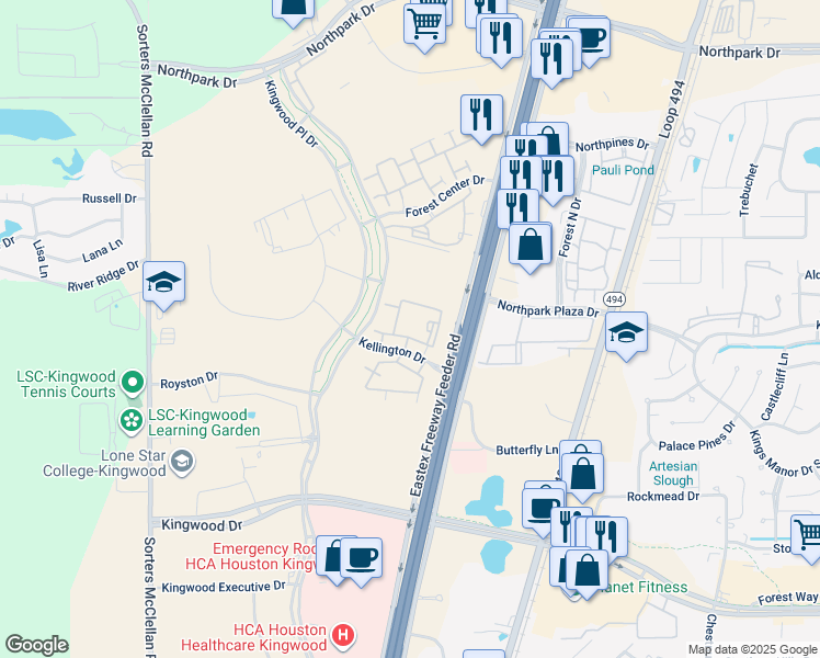 map of restaurants, bars, coffee shops, grocery stores, and more near 200 Kellington Drive in Houston