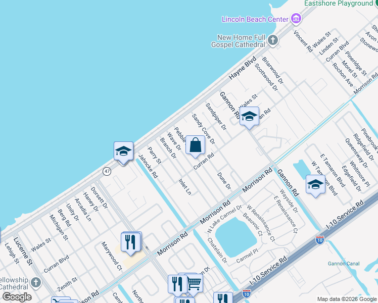 map of restaurants, bars, coffee shops, grocery stores, and more near 7800 Wave Drive in New Orleans