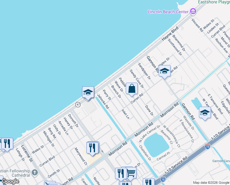 map of restaurants, bars, coffee shops, grocery stores, and more near 7900 Placid Street in New Orleans