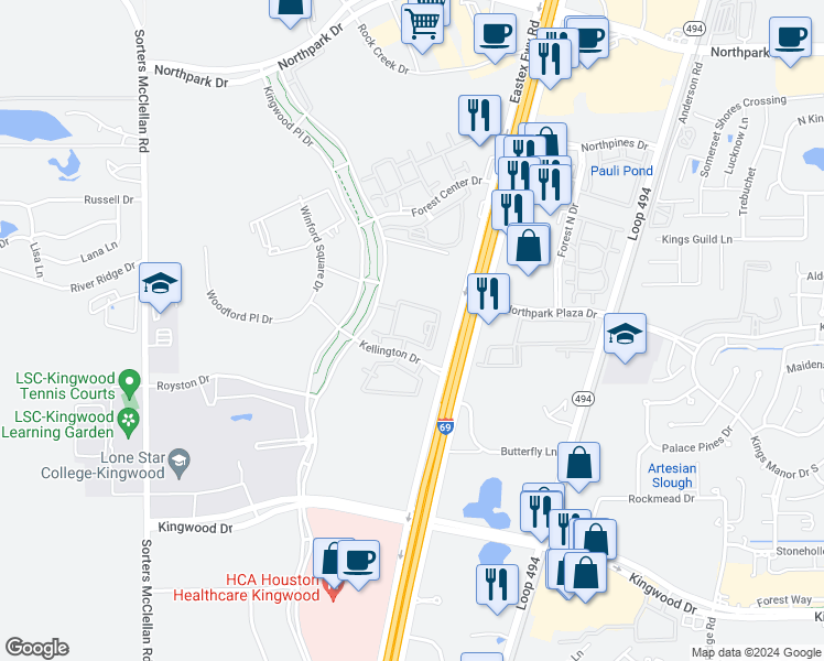 map of restaurants, bars, coffee shops, grocery stores, and more near 200 Kellington Drive in Houston