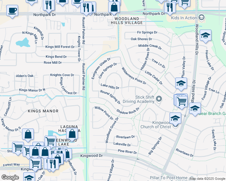 map of restaurants, bars, coffee shops, grocery stores, and more near 3202 Lakehaven Drive in Humble