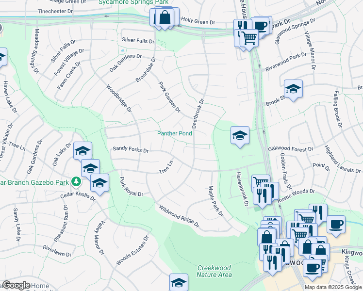 map of restaurants, bars, coffee shops, grocery stores, and more near 3603 Swift Creek Drive in Humble