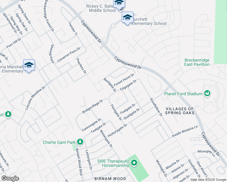 map of restaurants, bars, coffee shops, grocery stores, and more near 24043 Smokeygate Court in Spring