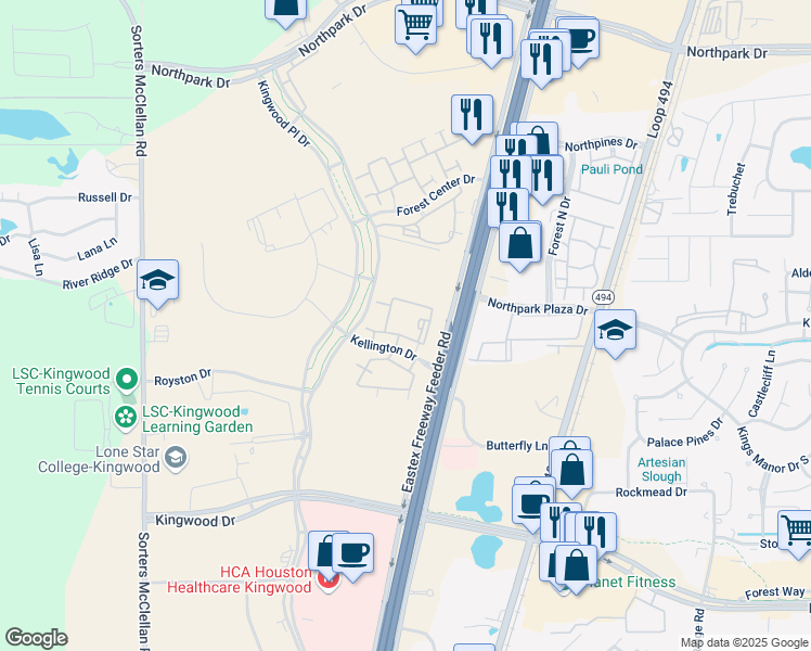 map of restaurants, bars, coffee shops, grocery stores, and more near 200 Kellington Drive in Houston