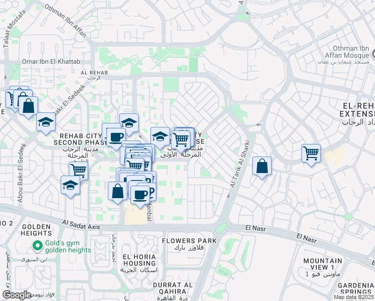 map of restaurants, bars, coffee shops, grocery stores, and more near in Second New Cairo