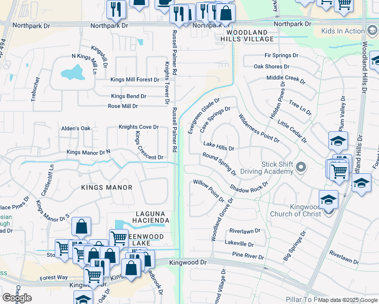 map of restaurants, bars, coffee shops, grocery stores, and more near 1701 Round Spring Drive in Houston