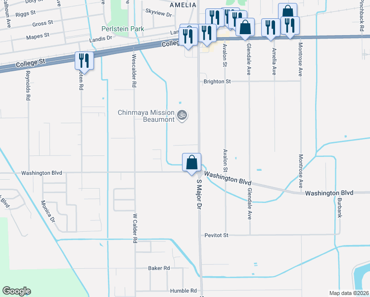map of restaurants, bars, coffee shops, grocery stores, and more near 8535 Frazier Drive in Beaumont