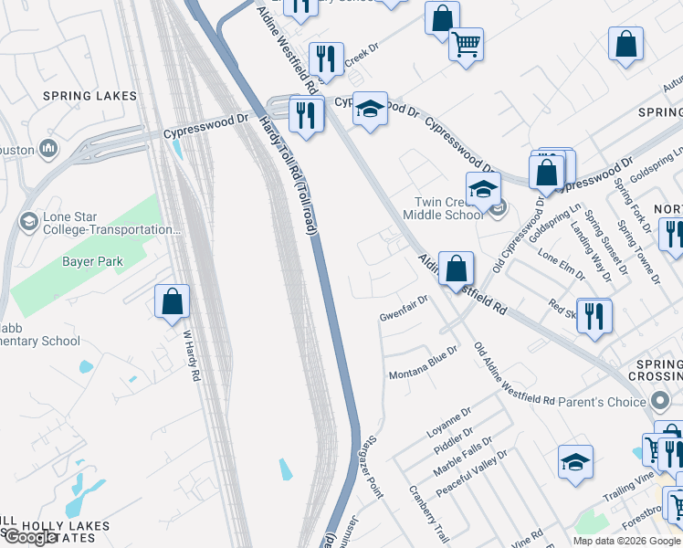 map of restaurants, bars, coffee shops, grocery stores, and more near 24419 Raindrop Poppy Drive in Spring