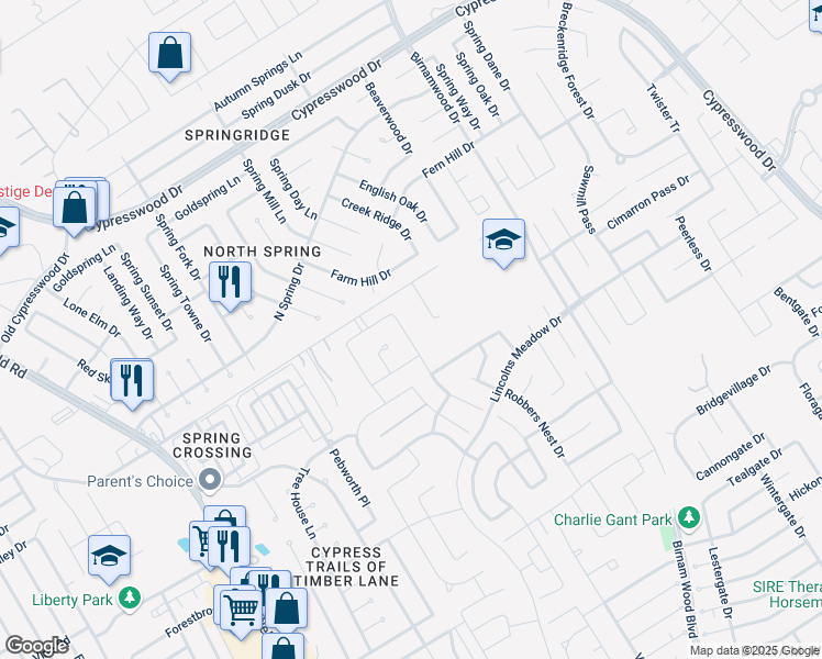 map of restaurants, bars, coffee shops, grocery stores, and more near 2507 Joyful Forest Drive in Spring